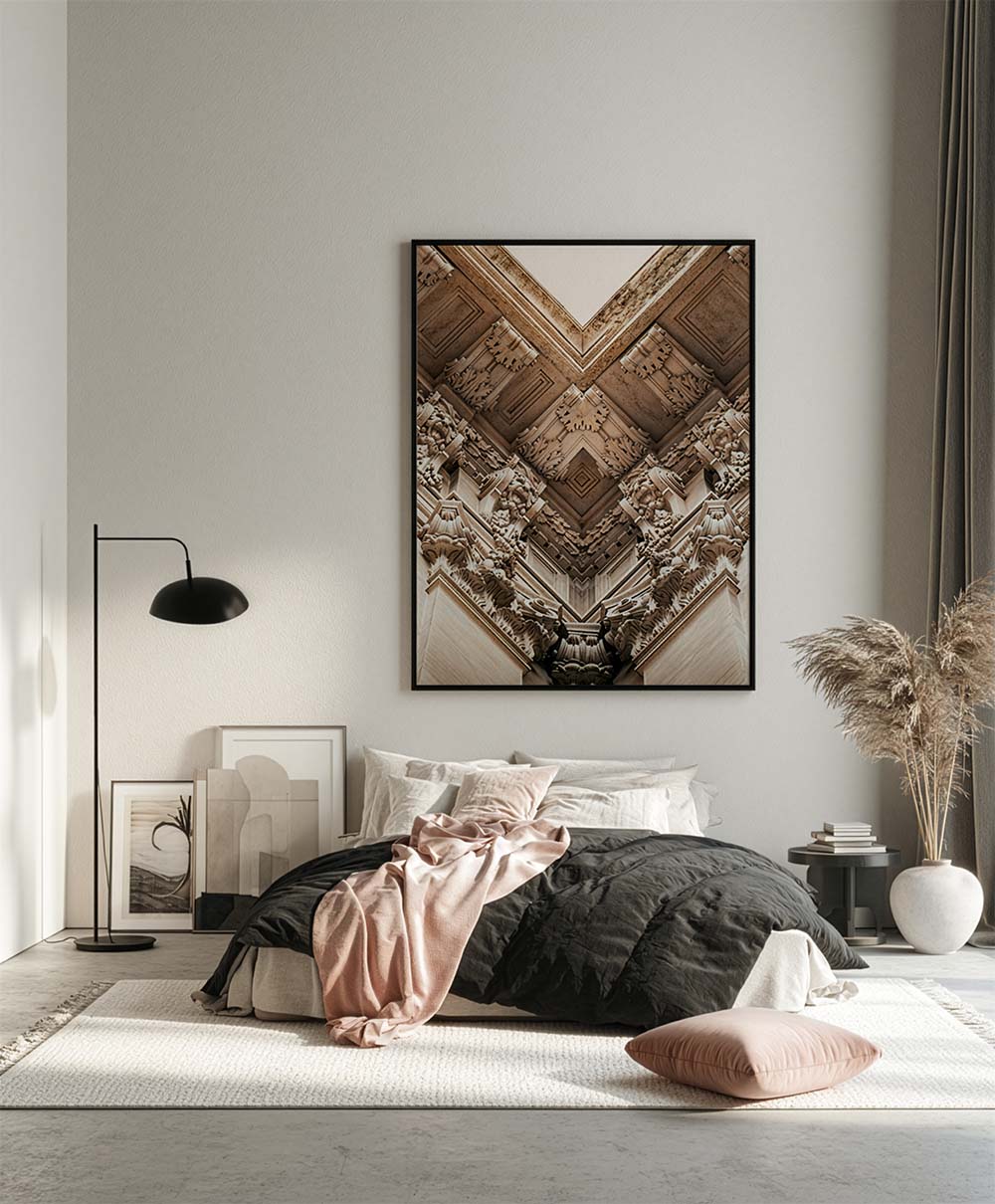 Architecture building canvas design on wall in modern bedroom