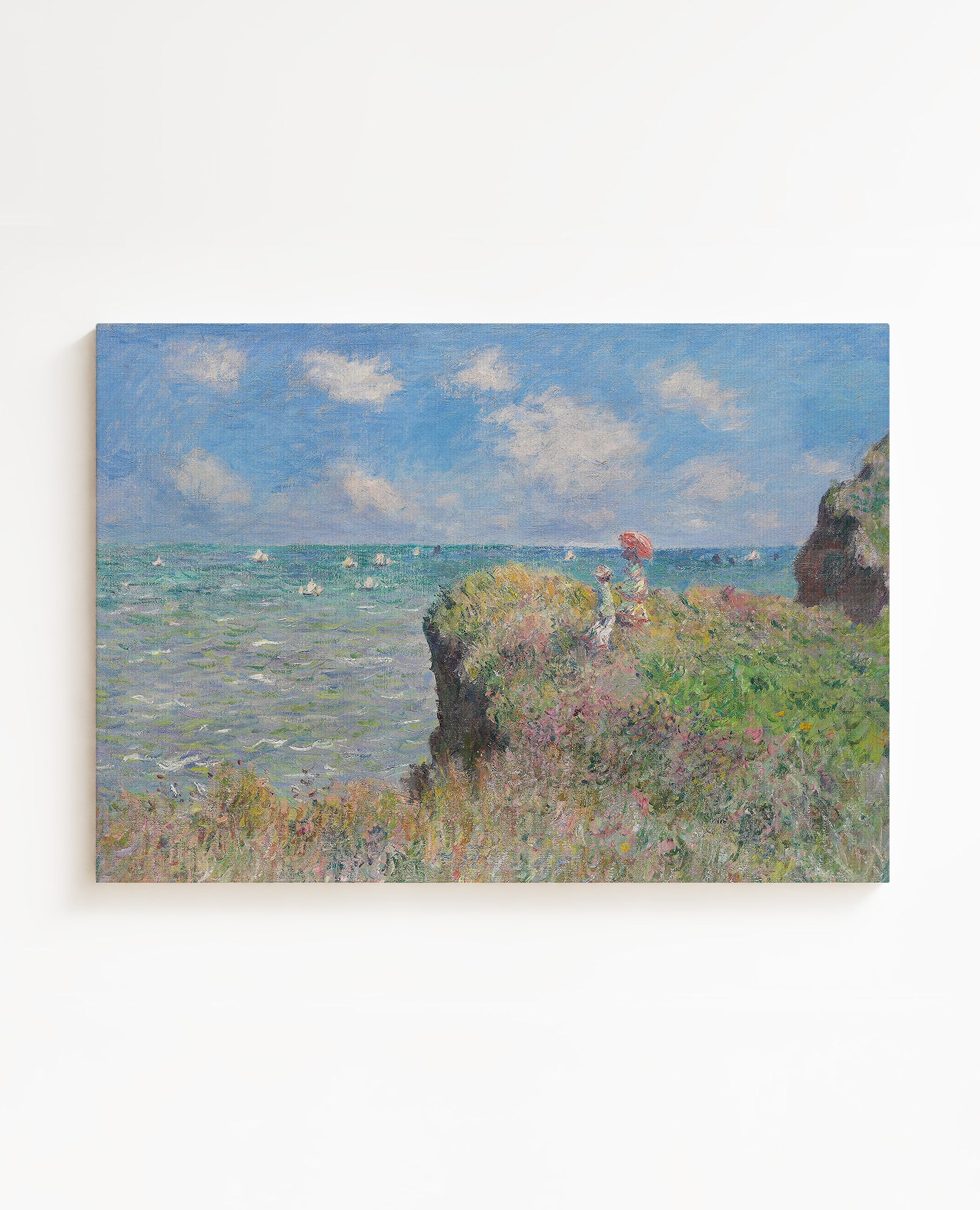 Painting of a coastal scene with a figure on a cliff edge. Wall art printed on high quality Canvas Claude Monet