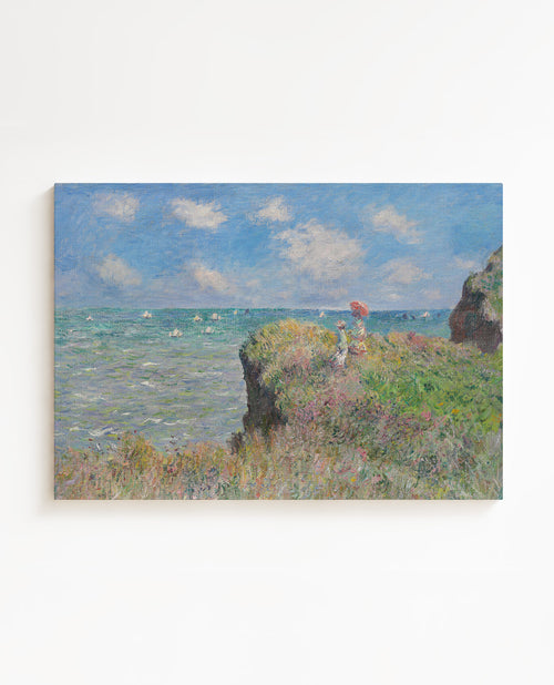 Painting of a coastal scene with a figure on a cliff edge. Wall art printed on high quality Canvas Claude Monet