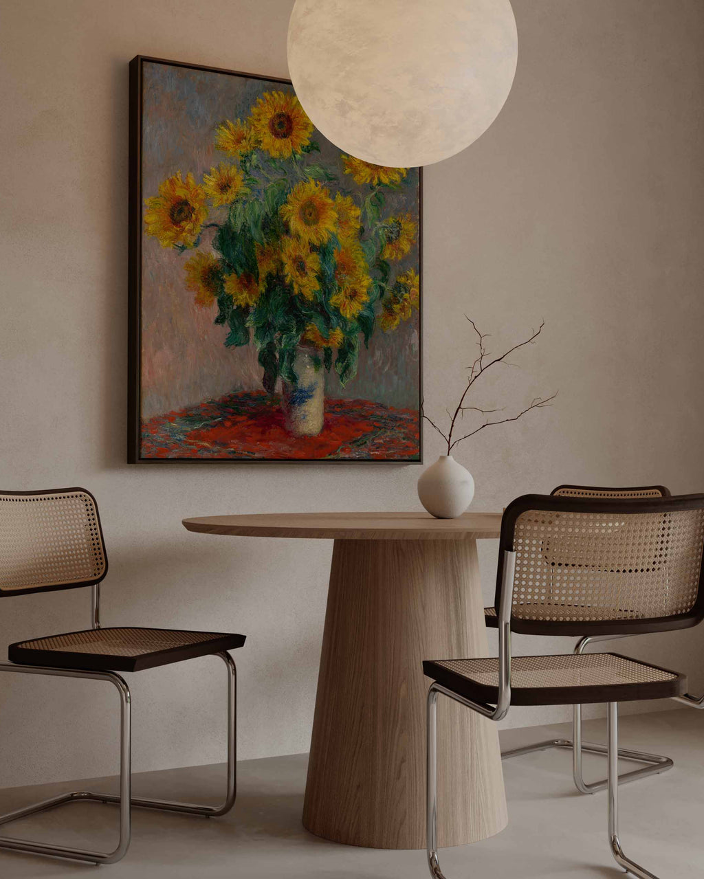 Dining room with a round wooden table, chairs, and a sunflower painting on the wall. High quality canvas with wooden frame Claude monet painting