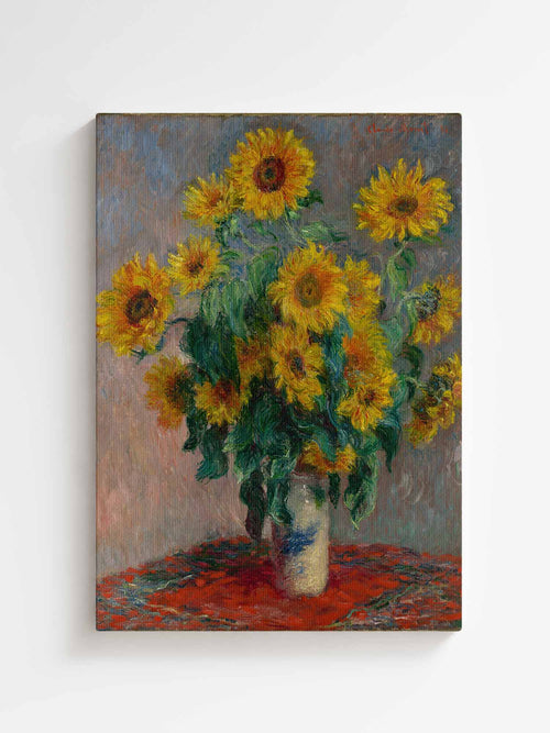Canvas print of a sunflower painting with a textured background. Claude Monet Bouquet of flowers printed on high quality canvas