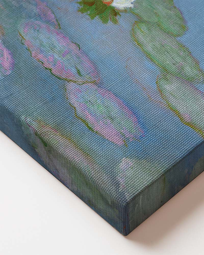 Close up of Claude Monet Water Lilies canvas wall art – large Impressionist Nympheas print from Atora Gallery. Calm, elegant decor perfect for a serene modern home.