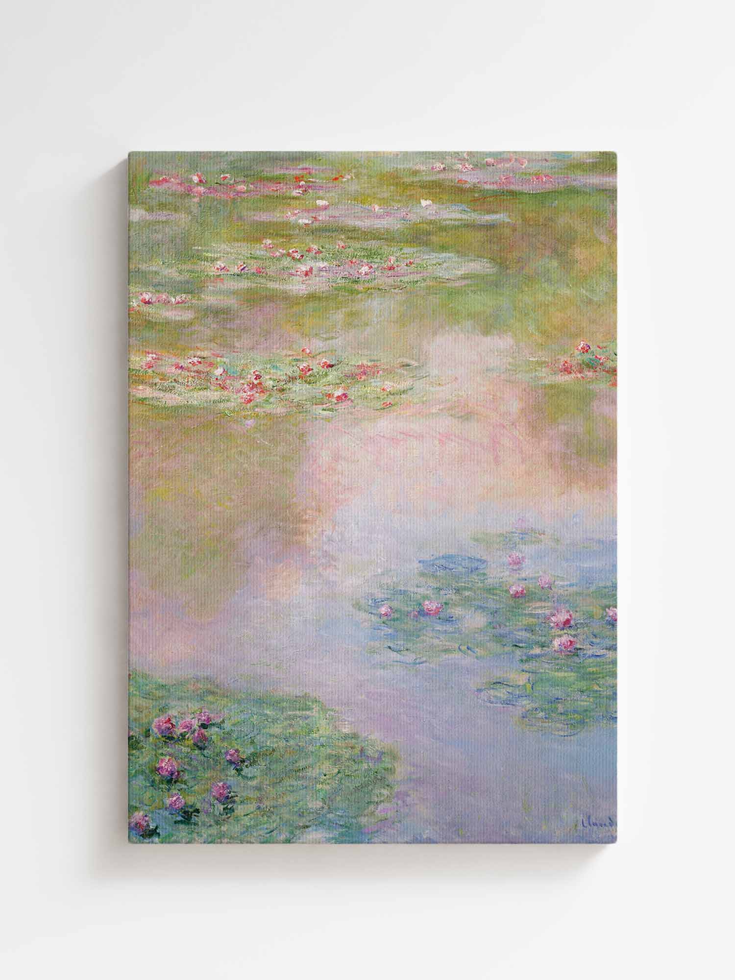 Claude Monet Water Lilies canvas wall art – large Impressionist Nympheas print from Atora Gallery. Soft, pastel decor perfect for a calm, elegant interior.