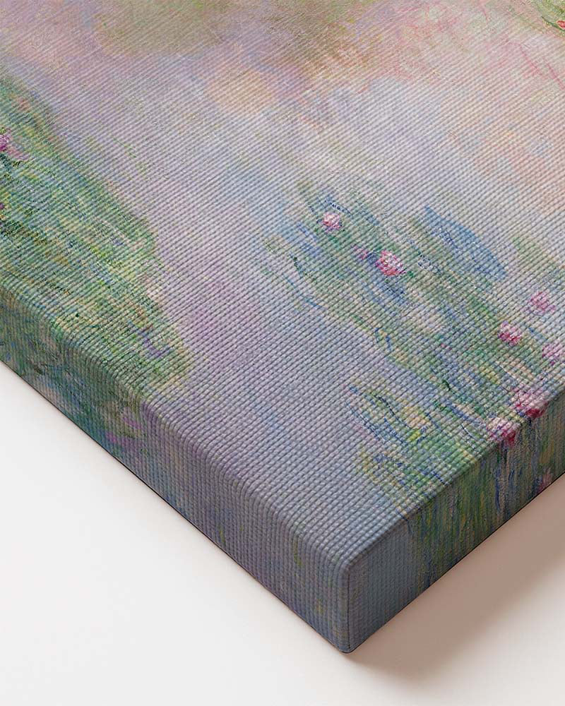 Claude Monet Water Lilies canvas wall art – large Impressionist Nympheas print from Atora Gallery. Soft, pastel decor perfect for a calm, elegant interior. Close up 