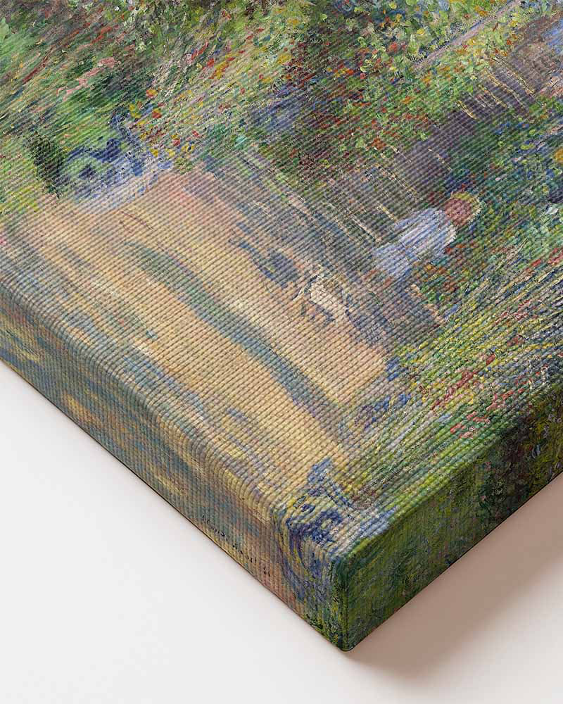 Close up of high quality printed canvas Claude Monet Garden at Vetheuil canvas wall art – large Impressionist painting print from Atora Gallery. Colorful, elegant decor perfect for a bright interior.