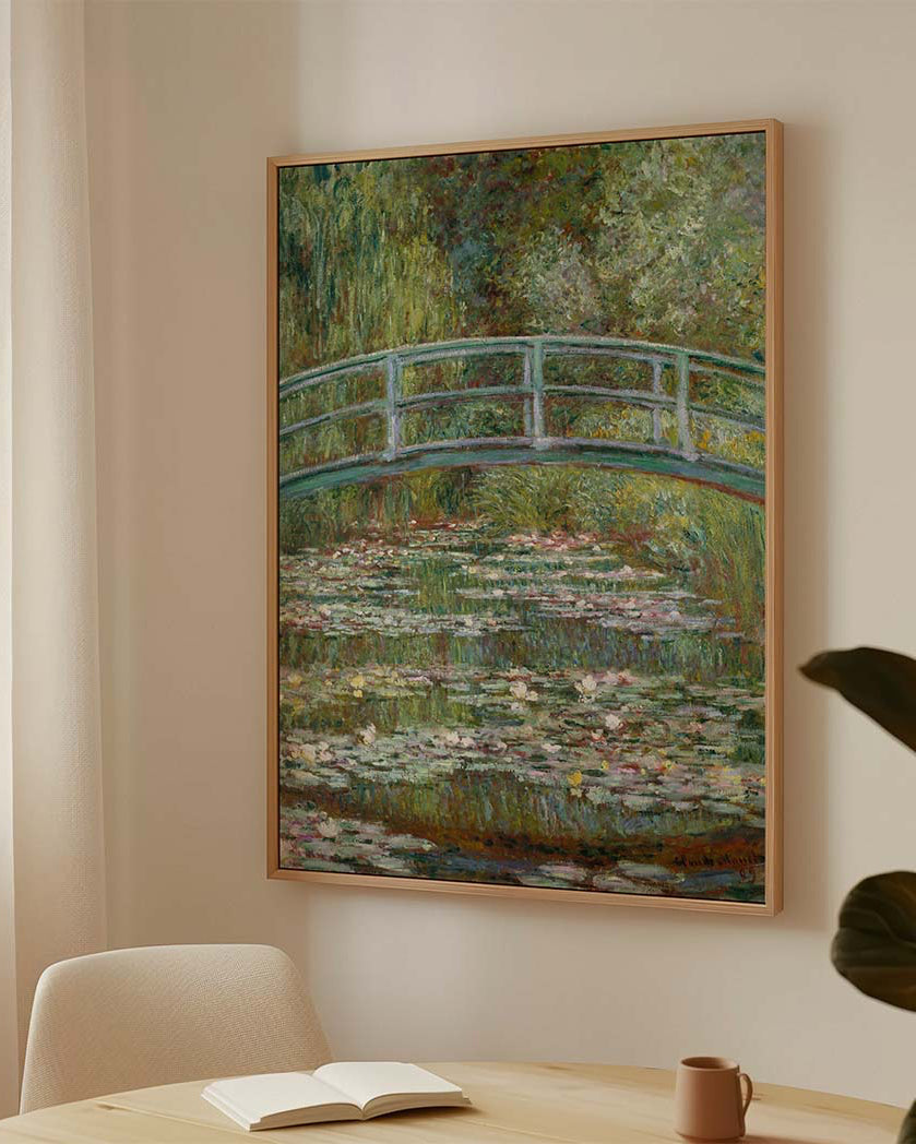 Claude Monet Japanese Bridge canvas wall art – large Impressionist water lilies print from Atora Gallery. Calm, elegant decor for a serene, stylish home. in living room
