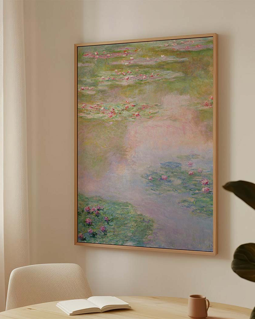 Claude Monet Water Lilies canvas wall art – large Impressionist Nympheas print from Atora Gallery. Soft, pastel decor perfect for a calm, elegant interior. 