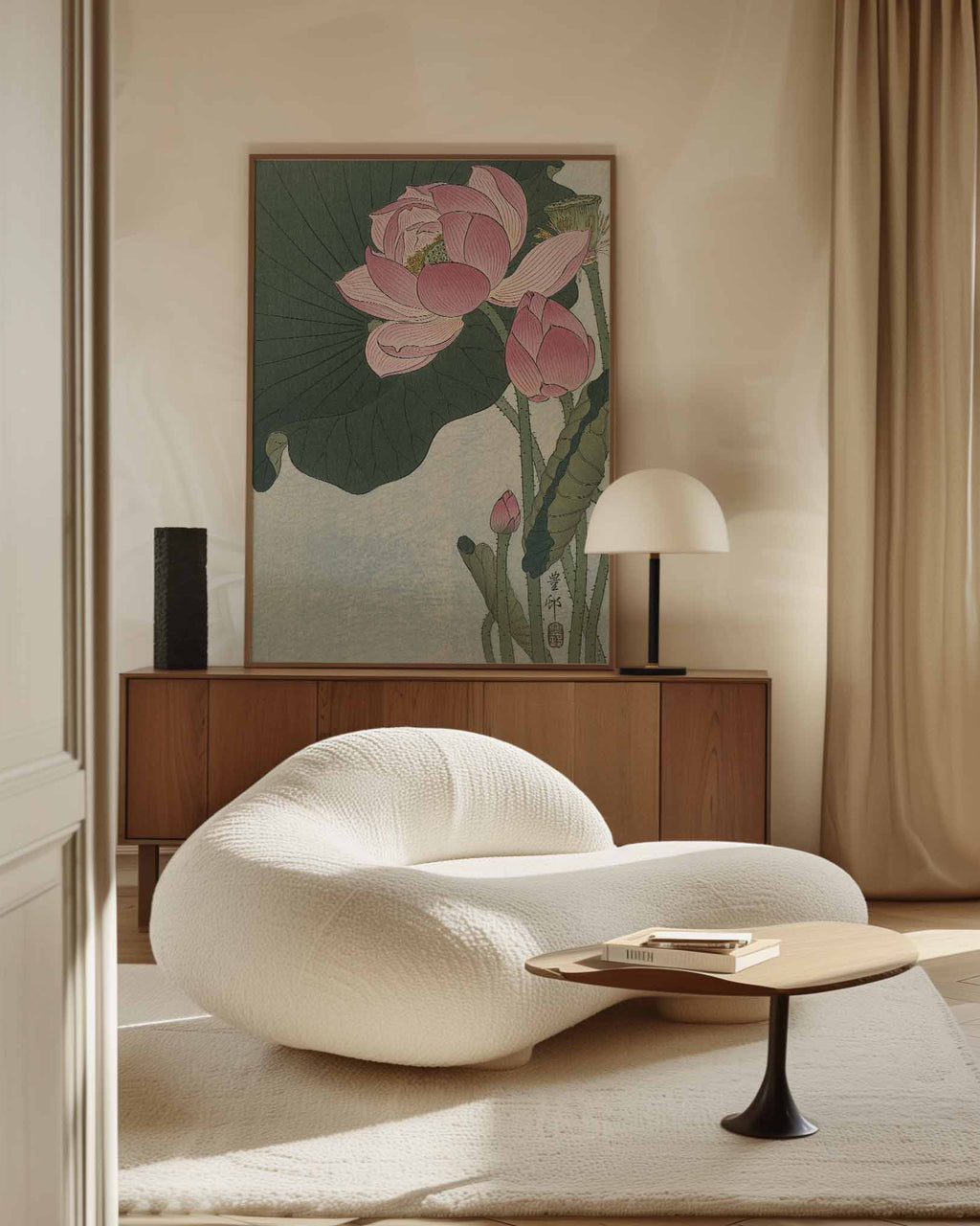 Ohara Koson Japanese artist Blooming Lotus Flowers on premium canvas art in decorated living room