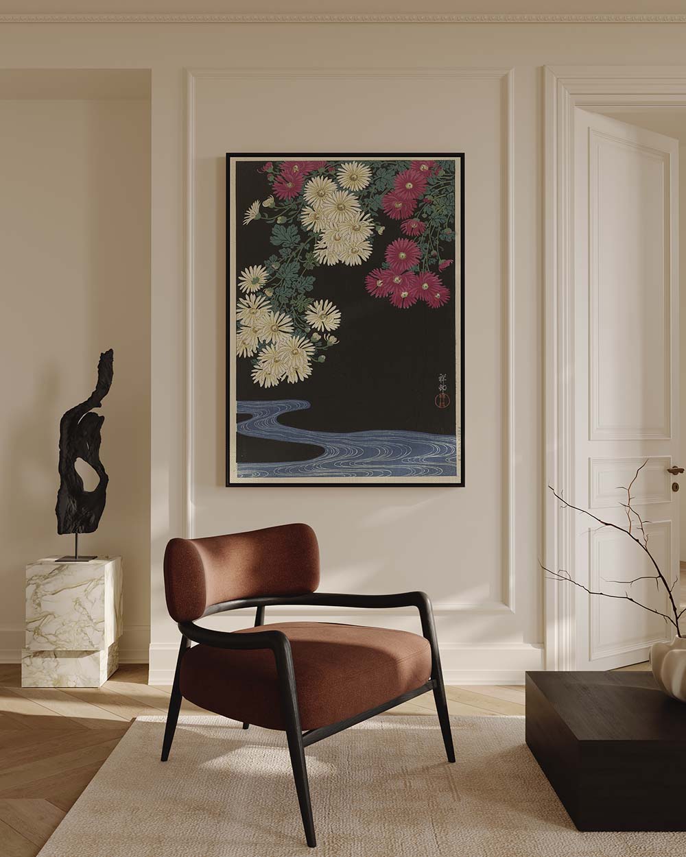 Ohara Koson - Chrysanthemums and Running Water Japanese famous artist on premium canvas in decorated modern living room