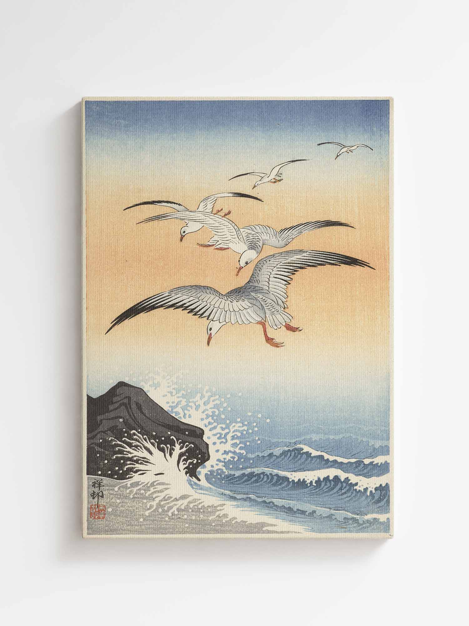 Ohara Koson - Five seagulls above Sea printed on high quality canvas Japanese art