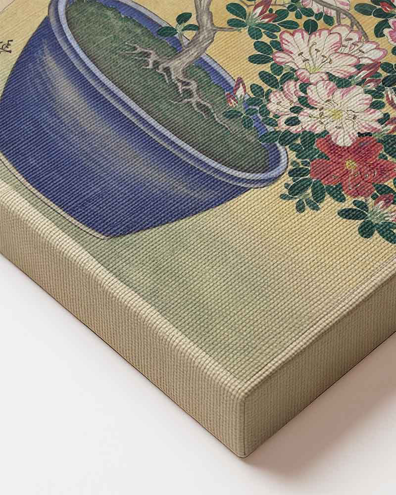 Ohara Koson - Flowering Azalea in Blue Pot Japanese art printed on high quality trending canvas Wall art close up of canvas material