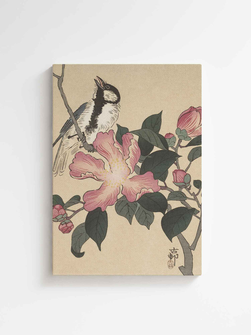 Ohara Koson - Great tit on branch with pink flowers printed on high quality canvas 