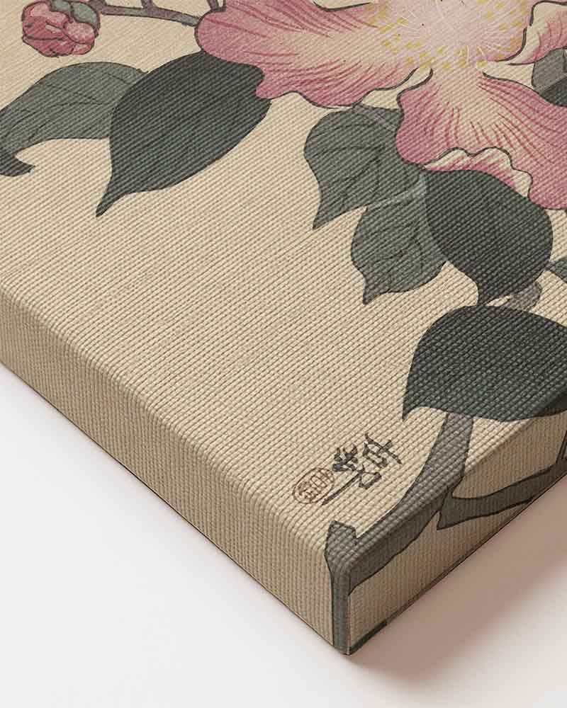 Ohara Koson - Great tit on branch with pink flowers printed on high quality canvas  close up of canvas material