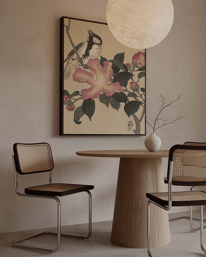 Ohara Koson - Great tit on branch with pink flowers printed on high quality canvas  Japanese art decorated in Japandi living room 