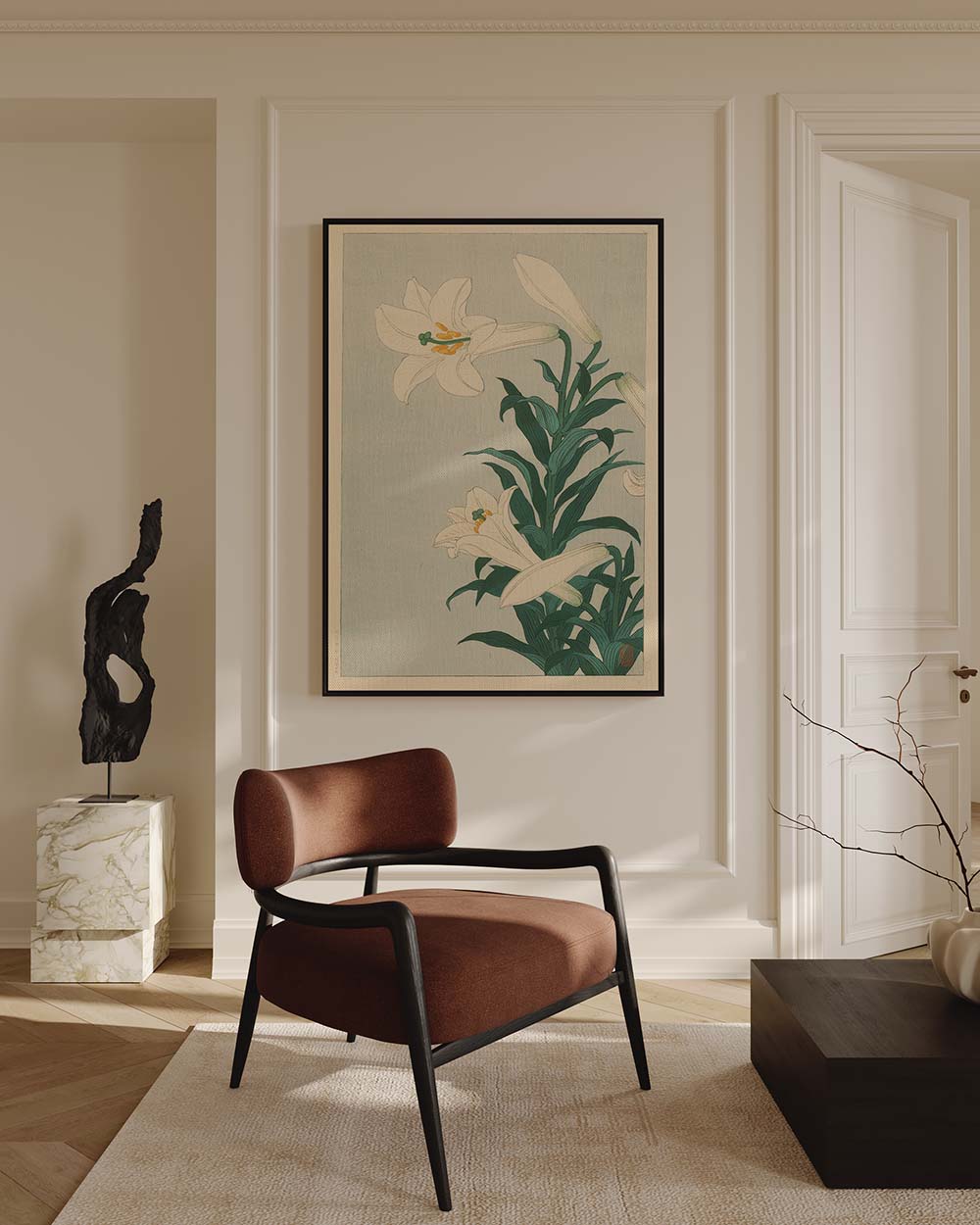 Ohara Koson - Lilies Japanese art printed on high quality premium canvas decorated in a Japandi living room in wooden frame