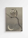 Long-Eared Owl on Bare Tree Branch portrays a watchful owl perched beneath a glowing crescent moon, surrounded by soft misty tones and delicate natural details. The subtle color palette and minimalist composition create a calm, atmospheric feeling that perfectly complements Japandi, wabi-sabi, and modern interiors. This timeless canvas wall art adds depth, serenity, and refined Japanese character to any living room, bedroom, or office space.