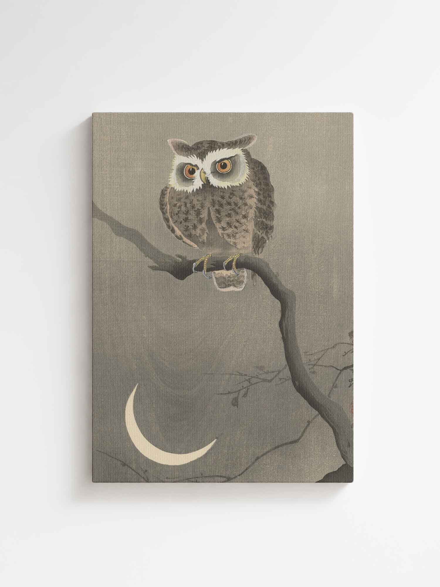 Long-Eared Owl on Bare Tree Branch portrays a watchful owl perched beneath a glowing crescent moon, surrounded by soft misty tones and delicate natural details. The subtle color palette and minimalist composition create a calm, atmospheric feeling that perfectly complements Japandi, wabi-sabi, and modern interiors. This timeless canvas wall art adds depth, serenity, and refined Japanese character to any living room, bedroom, or office space.