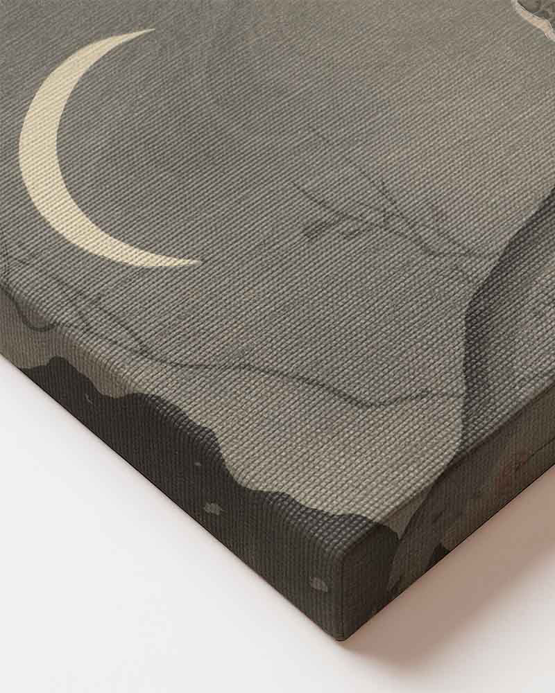 Long-Eared Owl on Bare Tree Branch portrays a watchful owl perched beneath a glowing crescent moon, surrounded by soft misty tones and delicate natural details. The subtle color palette and minimalist composition create a calm, atmospheric feeling that perfectly complements Japandi, wabi-sabi, and modern interiors. This timeless canvas wall art adds depth, serenity, and refined Japanese character to any living room, bedroom, or office space. close up of material
