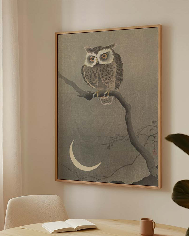 Long-Eared Owl on Bare Tree Branch portrays a watchful owl perched beneath a glowing crescent moon, surrounded by soft misty tones and delicate natural details. The subtle color palette and minimalist composition create a calm, atmospheric feeling that perfectly complements Japandi, wabi-sabi, and modern interiors. This timeless canvas wall art adds depth, serenity, and refined Japanese character to any living room, bedroom, or office space. 
