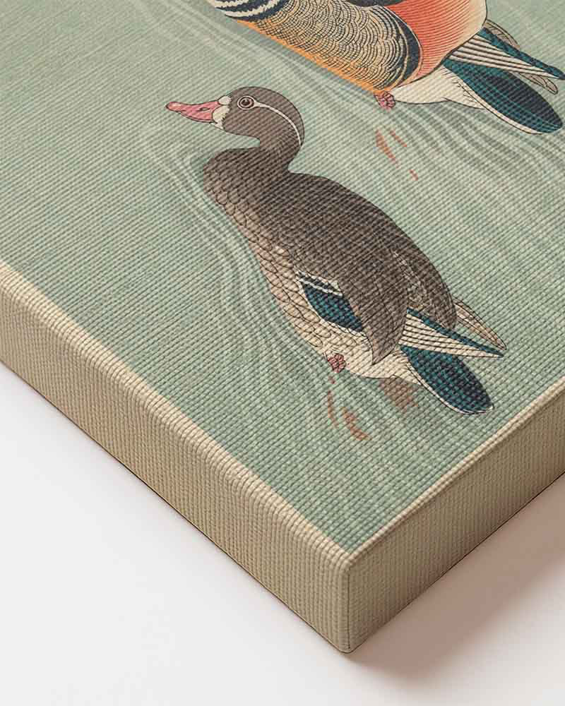Ohara Koson - Mandarin Ducks on premium printed canvas wall decoration in Japandi living room close up 
