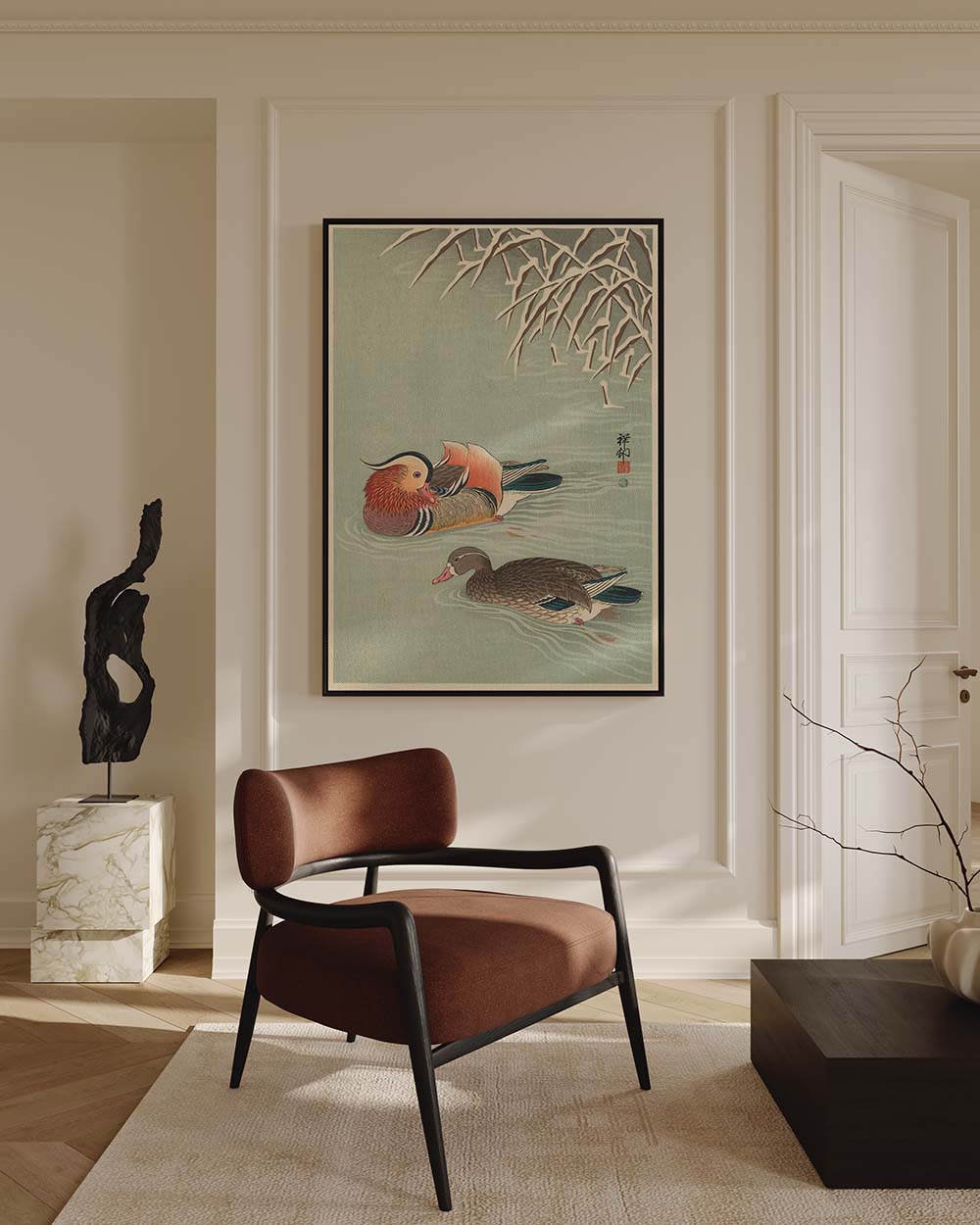 Ohara Koson - Mandarin Ducks on premium printed canvas wall decoration in Japandi living room