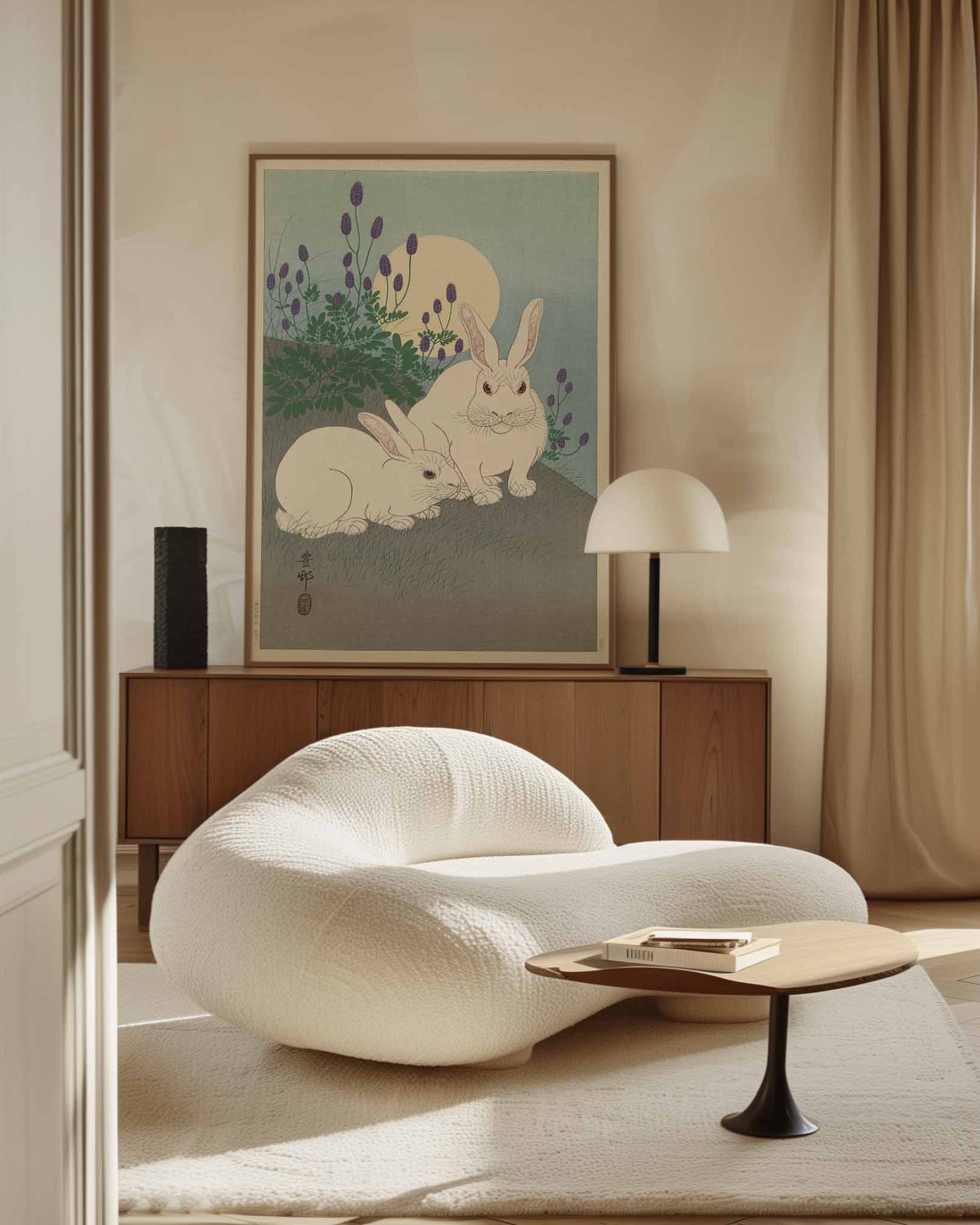 Ohara Koson - Two White Rabbits on premium printed canvas wall decoration in Japandi living room