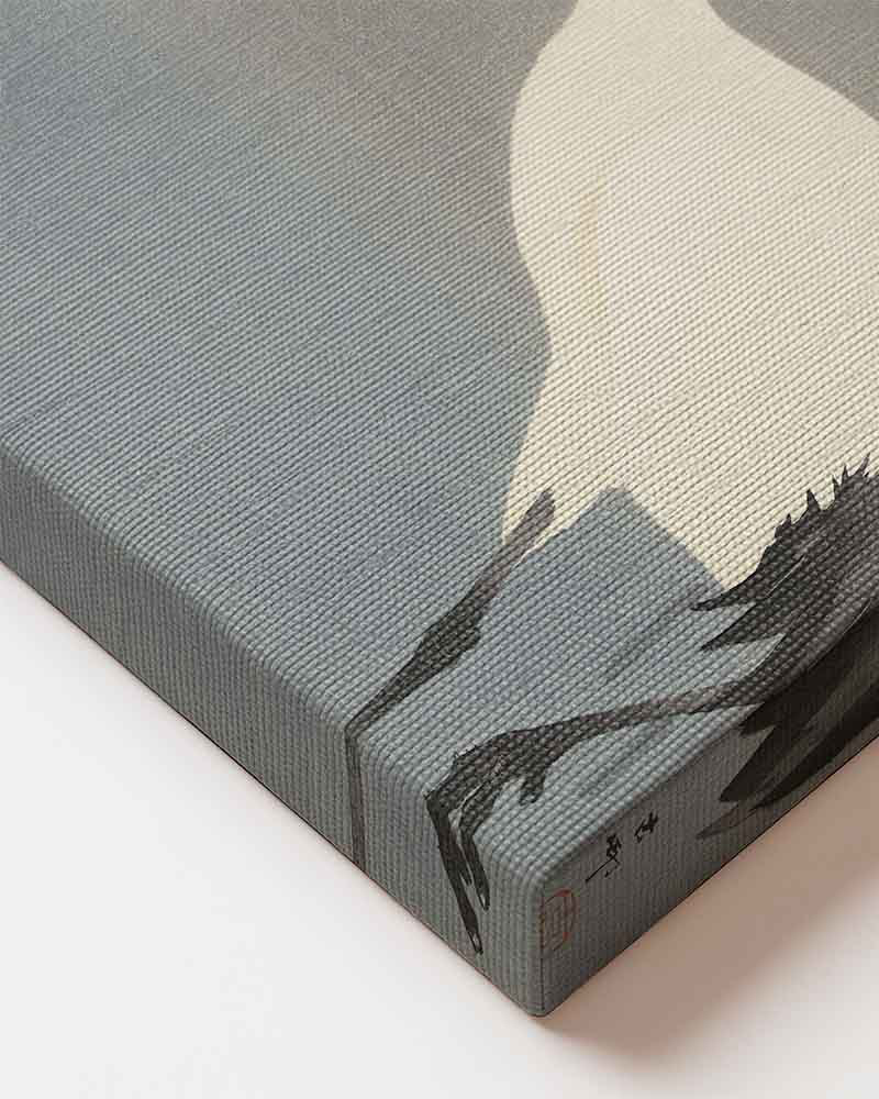 Ohara Koson - Two Cranes on premium printed canvas wall decoration in Japandi living room Japanese Art Close up of canvas material