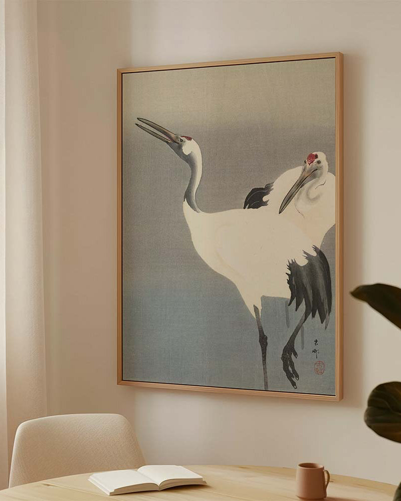 Ohara Koson - Two Cranes on premium printed canvas wall decoration in Japandi living room Japanese Art