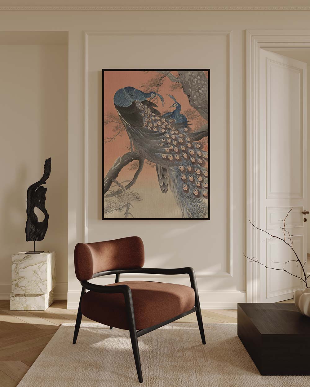 Ohara Koson - Two Colourful Peacocks printed on high quality canvas botanical japanese art decorated in modern Japandi Living room