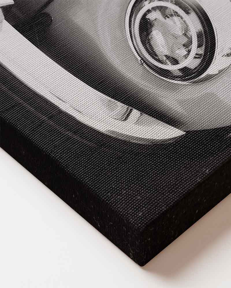 black and white vintage classic car canvas wall art.  printed on high quality canvas material. close up