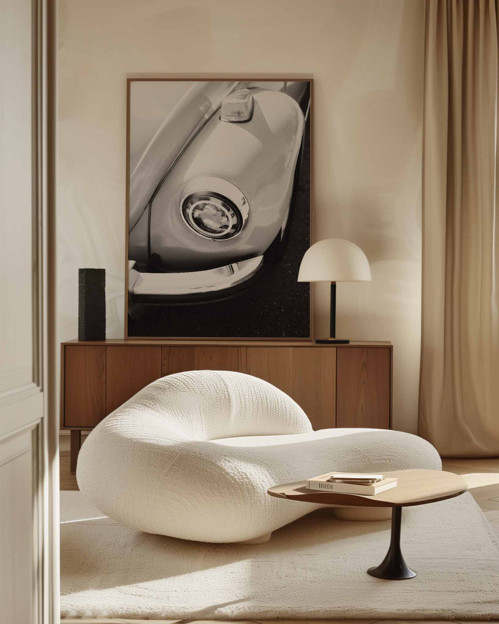 black and white vintage classic car canvas wall art.  printed on high quality canvas material. Decorated in Japandi living room