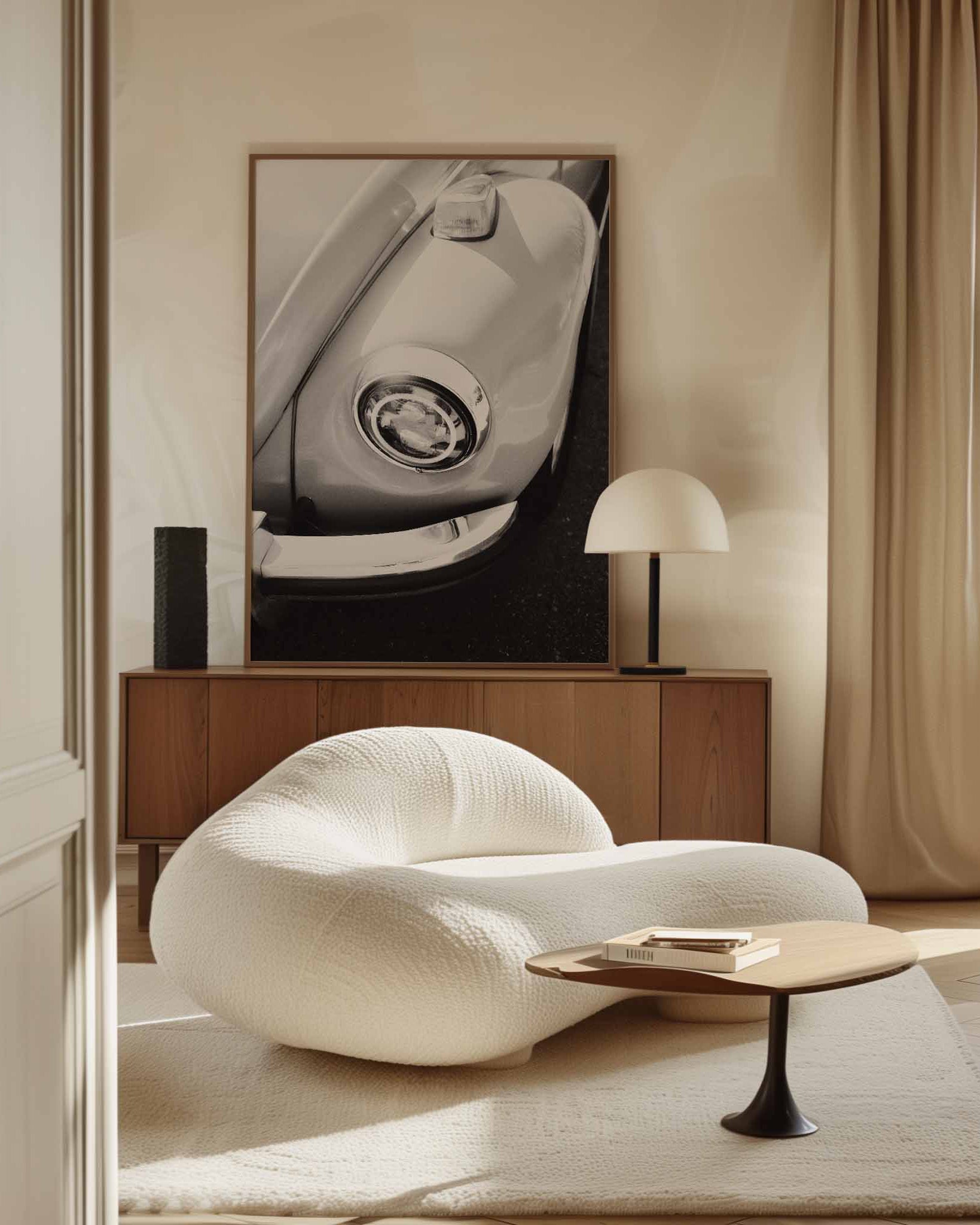 black and white vintage classic car canvas wall art.  printed on high quality canvas material. Decorated in Japandi living room