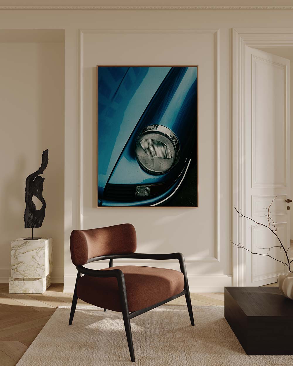 Vertical canvas wall art featuring a close-up of a blue vintage sports car with classic round headlight and retro design details. In modern japandi living room