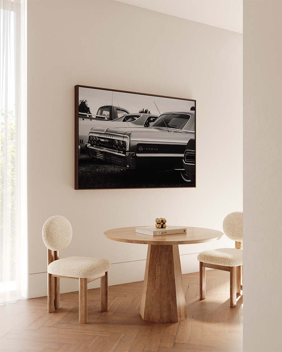 Horizontal canvas wall art featuring black and white vintage American cars parked together with classic retro automotive details. Printed on high quality canvas. In japandi modern living room